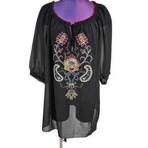 Dress Barn Black Embroidered Semi- Sheer Short Sleeve Peasant Blouse Size 2X H61
